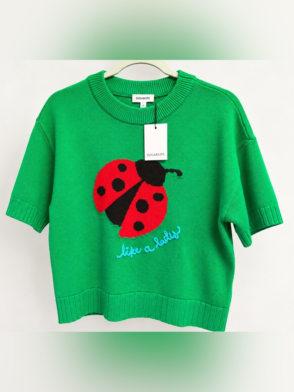 Sugarlips Ladybug Knit Sweater Green Short Sleeve 100% Cotton NWT Small